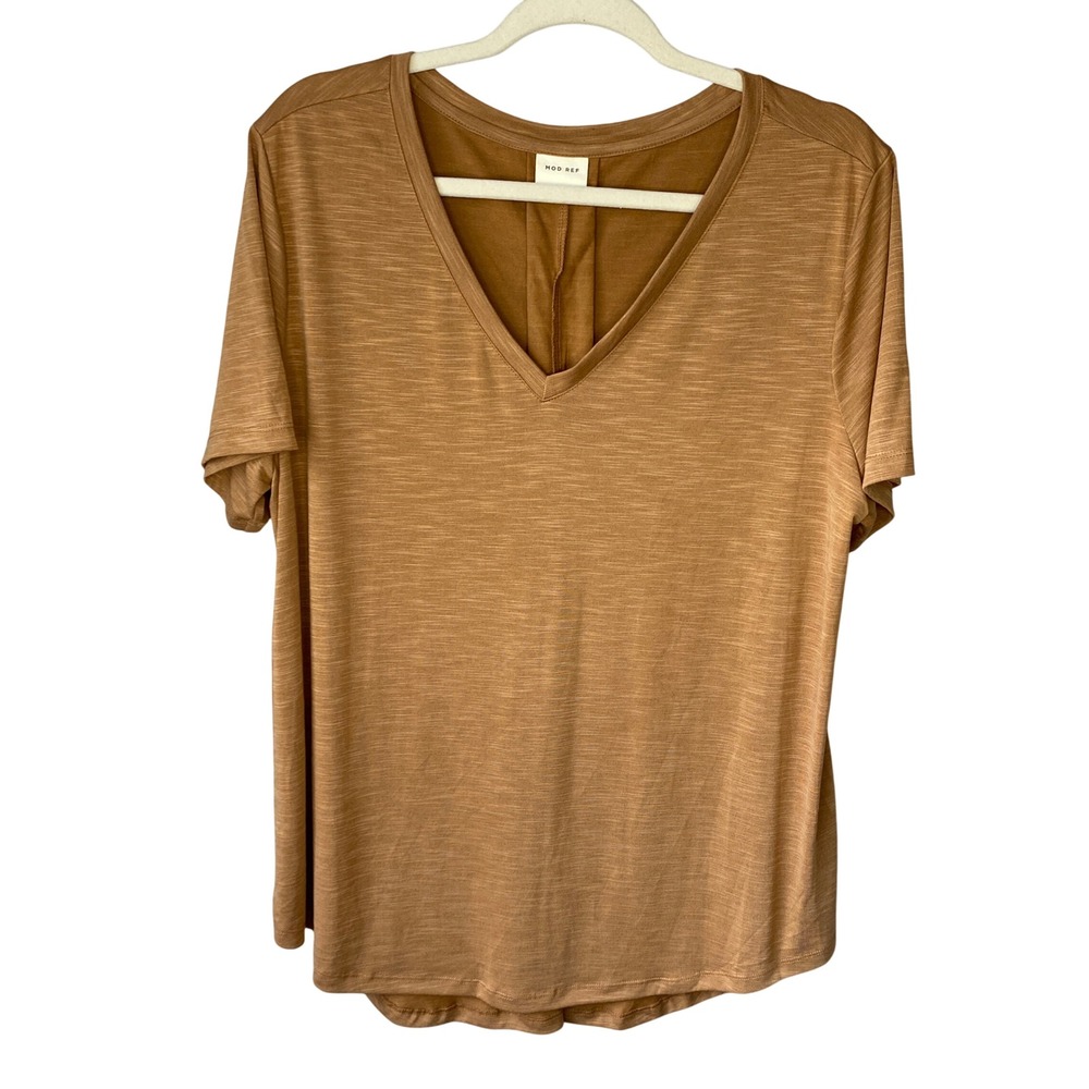 Mod Ref‎ Camel Brown V-Neck Short Sleeve Pleat Back Top XXL Space Dye Slub